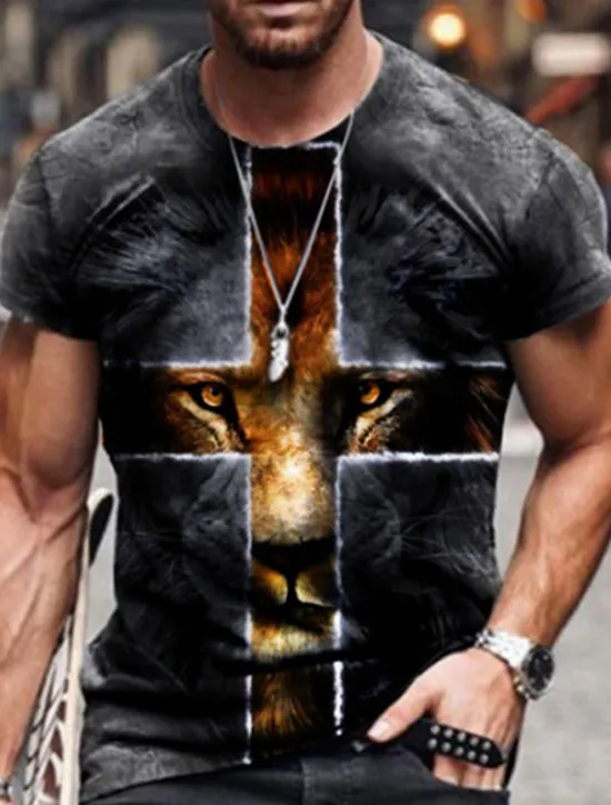New OUKU Men's Unisex Lion Graphic Prints Cross Shirt T Shirt Tee Short Sleeve T shirt 3D Print Round Neck Shirt Designer Basic Big and Tall Casual Daily Black / Gray Gold + Black Black Summer Clothing Apparel