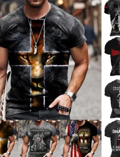 New OUKU Men's Unisex Lion Graphic Prints Cross Shirt T Shirt Tee Short Sleeve T shirt 3D Print Round Neck Shirt Designer Basic Big and Tall Casual Daily Black / Gray Gold + Black Black Summer Clothing Apparel