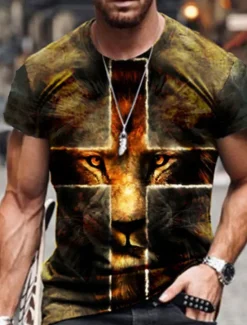 New OUKU Men's Unisex Lion Graphic Prints Cross Shirt T Shirt Tee Short Sleeve T shirt 3D Print Round Neck Shirt Designer Basic Big and Tall Casual Daily Black / Gray Gold + Black Black Summer Clothing Apparel