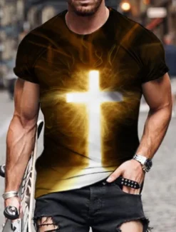 New OUKU Men's Unisex Lion Graphic Prints Cross Shirt T Shirt Tee Short Sleeve T shirt 3D Print Round Neck Shirt Designer Basic Big and Tall Casual Daily Black / Gray Gold + Black Black Summer Clothing Apparel