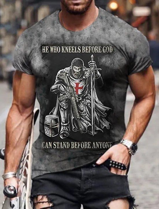 New OUKU Men's Unisex Lion Graphic Prints Cross Shirt T Shirt Tee Short Sleeve T shirt 3D Print Round Neck Shirt Designer Basic Big and Tall Casual Daily Black / Gray Gold + Black Black Summer Clothing Apparel