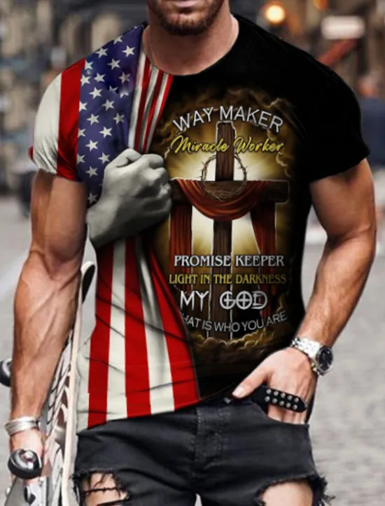 New OUKU Men's Unisex Lion Graphic Prints Cross Shirt T Shirt Tee Short Sleeve T shirt 3D Print Round Neck Shirt Designer Basic Big and Tall Casual Daily Black / Gray Gold + Black Black Summer Clothing Apparel