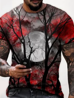 Best OUKU Men's Unisex Moon Graphic Prints Shirt T Shirt Tee Short Sleeve T shirt 3D Print Crew Neck Shirt Designer Casual Big and Tall Halloween Daily Holiday Wine Yellow Red Summer Clothing Apparel S M L XL