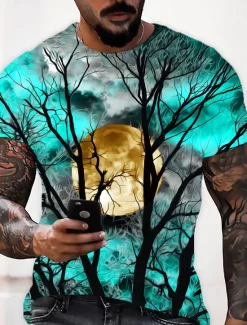 Best OUKU Men's Unisex Moon Graphic Prints Shirt T Shirt Tee Short Sleeve T shirt 3D Print Crew Neck Shirt Designer Casual Big and Tall Halloween Daily Holiday Wine Yellow Red Summer Clothing Apparel S M L XL