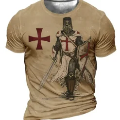 Online OUKU Men's Unisex Templar Cross Graphic Prints Soldier T Shirt Distressed T Shirt Short Sleeve T shirt 3D Print Crew Neck Shirt Sports Designer Casual Outdoor Street Daily Light Yellow Black Yellow Summer