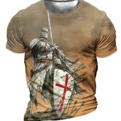 Online OUKU Men's Unisex Templar Cross Graphic Prints Soldier T Shirt Distressed T Shirt Short Sleeve T shirt 3D Print Crew Neck Shirt Sports Designer Casual Outdoor Street Daily Light Yellow Black Yellow Summer