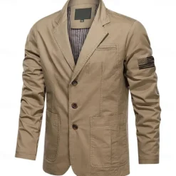 Best OUKU Men's US Flag Cotton Suit Jacket Suits Coat Blazer Casual Outdoor Dailywear Long Sleeve Notch Lapel Collar Outwear Pockets Button Down Stripe Lined Suit Jacket Fall Winter Black khaki Army Green