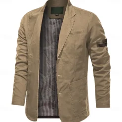 Best OUKU Men's US Flag Cotton Suit Jacket Suits Coat Blazer Casual Outdoor Dailywear Long Sleeve Notch Lapel Collar Outwear Pockets Button Down Stripe Lined Suit Jacket Fall Winter Black khaki Army Green