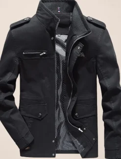Clearance OUKU Men's Utility Jacket Transition Jacket Going out Zipper Pocket Spring & Fall Solid Colored Military Standing Collar Regular Cotton Regular Fit Black Army Green Khaki Jacket