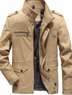 Clearance OUKU Men's Utility Jacket Transition Jacket Going out Zipper Pocket Spring & Fall Solid Colored Military Standing Collar Regular Cotton Regular Fit Black Army Green Khaki Jacket