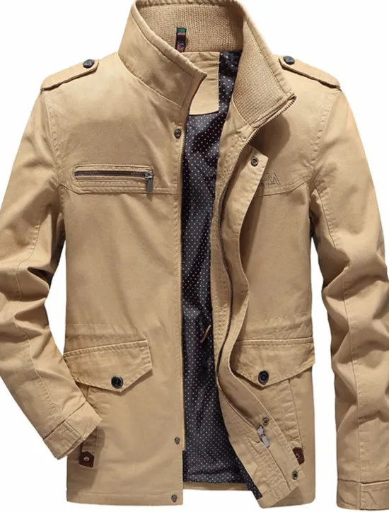 Clearance OUKU Men's Utility Jacket Transition Jacket Going out Zipper Pocket Spring & Fall Solid Colored Military Standing Collar Regular Cotton Regular Fit Black Army Green Khaki Jacket
