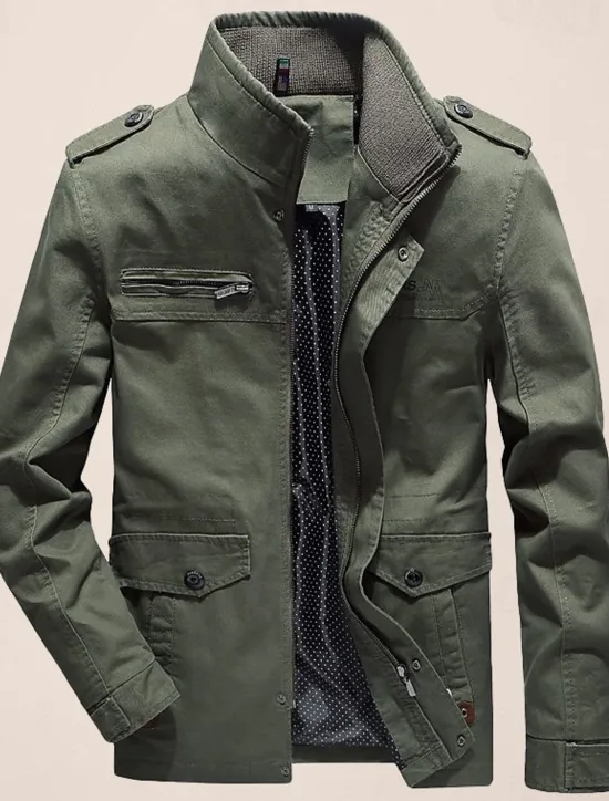 Clearance OUKU Men's Utility Jacket Transition Jacket Going out Zipper Pocket Spring & Fall Solid Colored Military Standing Collar Regular Cotton Regular Fit Black Army Green Khaki Jacket