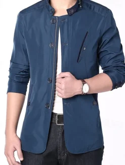 Discount OUKU Men's Utility Jacket Transition Jacket Daily Windbreaker Pocket All Seasons Plain Classic Stand Collar Regular Royal Blue Khaki Jacket