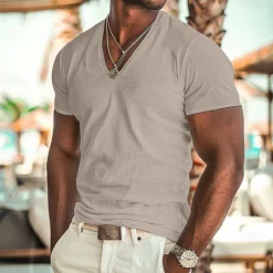 Sale OUKU Men's V Neck Tee Short Sleeve Shirt Tee Top Short Sleeve V Neck Summer Fall Solid Color Vacation Daily Casual Daily V Neck Outdoor Street Causal Light Blue Apricot White Top Tee for Men