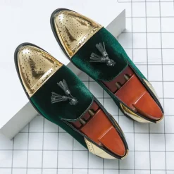 Outlet OUKU Men's Velvet and Gold Loafers | Luxury Tassel Slip-On Dress Shoes with Brogue Detailing for Christmas,Formal Events