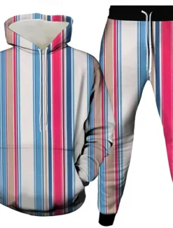 New OUKU Men's Vertical Stripes 2pcs 3D Sweatshirt Sets Tracksuit Hoodie Sweatshirt Long Sleeve Long pants Hooded Casual Daily Athleisure 3D Print Spring Fall Winter Robin's Egg Blue White Green
