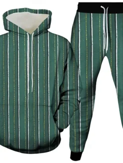 New OUKU Men's Vertical Stripes 2pcs 3D Sweatshirt Sets Tracksuit Hoodie Sweatshirt Long Sleeve Long pants Hooded Casual Daily Athleisure 3D Print Spring Fall Winter Robin's Egg Blue White Green