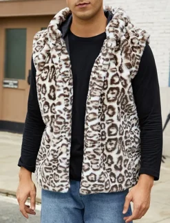 Discount OUKU Men's Vest Faux Fur Gilet Daily Date Vacation Fashion Casual Fall & Winter Keep Warm Polyester Comfortable Leopard Print Cardigan Stand Collar Regular Fit White Yellow Brown Vest