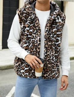Discount OUKU Men's Vest Faux Fur Gilet Daily Date Vacation Fashion Casual Fall & Winter Keep Warm Polyester Comfortable Leopard Print Cardigan Stand Collar Regular Fit White Yellow Brown Vest