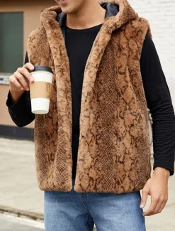 Discount OUKU Men's Vest Faux Fur Gilet Daily Date Vacation Fashion Casual Fall & Winter Keep Warm Polyester Comfortable Leopard Print Cardigan Stand Collar Regular Fit White Yellow Brown Vest