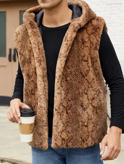 Discount OUKU Men's Vest Faux Fur Gilet Daily Date Vacation Fashion Casual Fall & Winter Keep Warm Polyester Comfortable Leopard Print Cardigan Stand Collar Regular Fit White Yellow Brown Vest