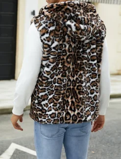 Discount OUKU Men's Vest Faux Fur Gilet Daily Date Vacation Fashion Casual Fall & Winter Keep Warm Polyester Comfortable Leopard Print Cardigan Stand Collar Regular Fit White Yellow Brown Vest
