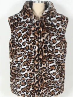 Discount OUKU Men's Vest Faux Fur Gilet Daily Date Vacation Fashion Casual Fall & Winter Keep Warm Polyester Comfortable Leopard Print Cardigan Stand Collar Regular Fit White Yellow Brown Vest