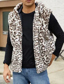 Discount OUKU Men's Vest Faux Fur Gilet Daily Date Vacation Fashion Casual Fall & Winter Keep Warm Polyester Comfortable Leopard Print Cardigan Stand Collar Regular Fit White Yellow Brown Vest