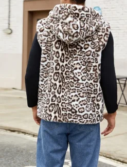 Discount OUKU Men's Vest Faux Fur Gilet Daily Date Vacation Fashion Casual Fall & Winter Keep Warm Polyester Comfortable Leopard Print Cardigan Stand Collar Regular Fit White Yellow Brown Vest