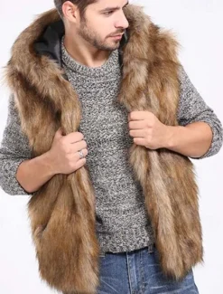 Clearance OUKU Men's Vest Faux Fur Gilet Daily Wear Vacation Going out Fashion Basic Winter Spring & Fall Hooded Faux Fur Comfortable Plain Single Breasted Hooded Regular Fit Vest Brown