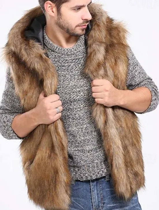 Clearance OUKU Men's Vest Faux Fur Gilet Daily Wear Vacation Going out Fashion Basic Winter Spring & Fall Hooded Faux Fur Comfortable Plain Single Breasted Hooded Regular Fit Vest Brown
