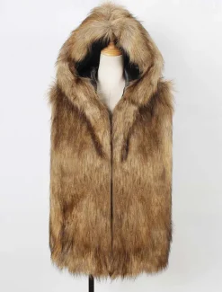 Clearance OUKU Men's Vest Faux Fur Gilet Daily Wear Vacation Going out Fashion Basic Winter Spring & Fall Hooded Faux Fur Comfortable Plain Single Breasted Hooded Regular Fit Vest Brown