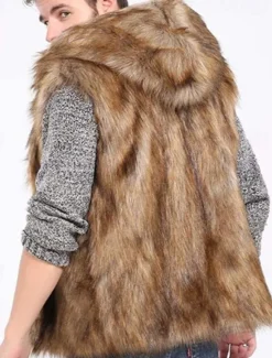 Clearance OUKU Men's Vest Faux Fur Gilet Daily Wear Vacation Going out Fashion Basic Winter Spring & Fall Hooded Faux Fur Comfortable Plain Single Breasted Hooded Regular Fit Vest Brown