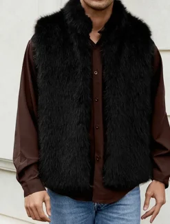 Discount OUKU Men's Vest Faux Fur Gilet Daily Date Vacation Fashion Casual Fall & Winter Keep Warm Polyester Comfortable Plain Cardigan Stand Collar Regular Fit Black White Yellow Vest