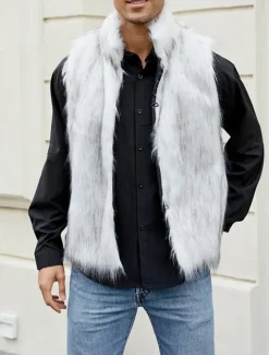 Discount OUKU Men's Vest Faux Fur Gilet Daily Date Vacation Fashion Casual Fall & Winter Keep Warm Polyester Comfortable Plain Cardigan Stand Collar Regular Fit Black White Yellow Vest