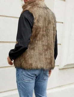 Discount OUKU Men's Vest Faux Fur Gilet Daily Date Vacation Fashion Casual Fall & Winter Keep Warm Polyester Comfortable Plain Cardigan Stand Collar Regular Fit Black White Yellow Vest