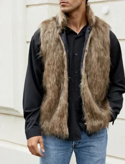 Discount OUKU Men's Vest Faux Fur Gilet Daily Date Vacation Fashion Casual Fall & Winter Keep Warm Polyester Comfortable Plain Cardigan Stand Collar Regular Fit Black White Yellow Vest