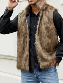 Discount OUKU Men's Vest Faux Fur Gilet Daily Date Vacation Fashion Casual Fall & Winter Keep Warm Polyester Comfortable Plain Cardigan Stand Collar Regular Fit Black White Yellow Vest