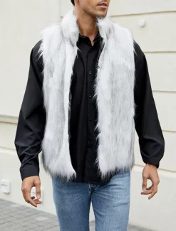 Discount OUKU Men's Vest Faux Fur Gilet Daily Date Vacation Fashion Casual Fall & Winter Keep Warm Polyester Comfortable Plain Cardigan Stand Collar Regular Fit Black White Yellow Vest