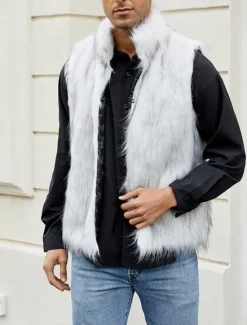 Discount OUKU Men's Vest Faux Fur Gilet Daily Date Vacation Fashion Casual Fall & Winter Keep Warm Polyester Comfortable Plain Cardigan Stand Collar Regular Fit Black White Yellow Vest
