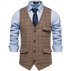 Outlet OUKU Men's Vest Gilet Business Casual Wedding Party Dress Comfortable Spring, Fall, Winter, Summer Polyester 95% Polyester 5% Spandex Plaid / Check Buttoned Front V Neck Regular Fit Black Khaki Gray Vest