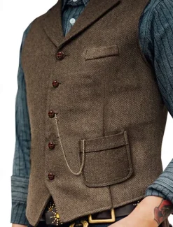 Outlet OUKU Men's Vest Gilet Daily Date Vacation Fashion Casual Spring & Fall Buttons Pocket 80% Cotton Comfortable Plain Single Breasted One-button Lapel Regular Fit Navy Blue Khaki Dark Gray Vest