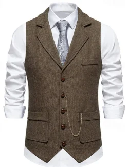 Outlet OUKU Men's Vest Gilet Daily Date Vacation Fashion Casual Spring & Fall Buttons Pocket 80% Cotton Comfortable Plain Single Breasted One-button Lapel Regular Fit Navy Blue Khaki Dark Gray Vest