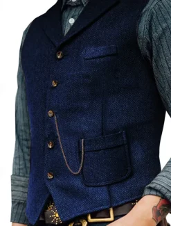 Outlet OUKU Men's Vest Gilet Daily Date Vacation Fashion Casual Spring & Fall Buttons Pocket 80% Cotton Comfortable Plain Single Breasted One-button Lapel Regular Fit Navy Blue Khaki Dark Gray Vest