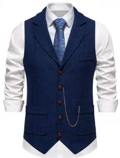 Outlet OUKU Men's Vest Gilet Daily Date Vacation Fashion Casual Spring & Fall Buttons Pocket 80% Cotton Comfortable Plain Single Breasted One-button Lapel Regular Fit Navy Blue Khaki Dark Gray Vest