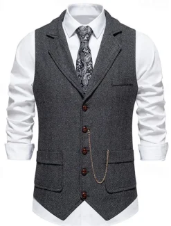 Outlet OUKU Men's Vest Gilet Daily Date Vacation Fashion Casual Spring & Fall Buttons Pocket 80% Cotton Comfortable Plain Single Breasted One-button Lapel Regular Fit Navy Blue Khaki Dark Gray Vest