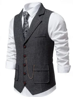 Outlet OUKU Men's Vest Gilet Daily Date Vacation Fashion Casual Spring & Fall Buttons Pocket 80% Cotton Comfortable Plain Single Breasted One-button Lapel Regular Fit Navy Blue Khaki Dark Gray Vest