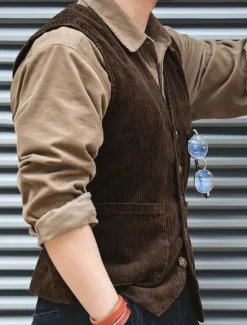 Online OUKU Men's Vest Gilet Daily Date Vacation Fashion Casual Spring & Fall Buttons Pocket Polyester Corduroy Comfortable Plain Single Breasted One-button V Neck Regular Fit Black Army Green Dark Blue Coffee