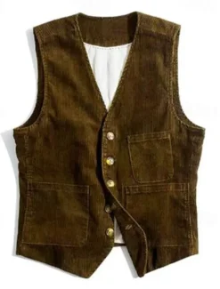 Online OUKU Men's Vest Gilet Daily Date Vacation Fashion Casual Spring & Fall Buttons Pocket Polyester Corduroy Comfortable Plain Single Breasted One-button V Neck Regular Fit Black Army Green Dark Blue Coffee