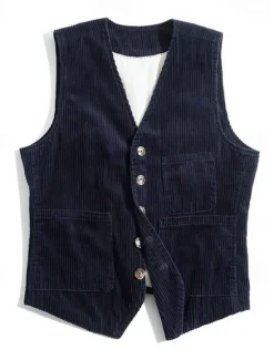 Online OUKU Men's Vest Gilet Daily Date Vacation Fashion Casual Spring & Fall Buttons Pocket Polyester Corduroy Comfortable Plain Single Breasted One-button V Neck Regular Fit Black Army Green Dark Blue Coffee
